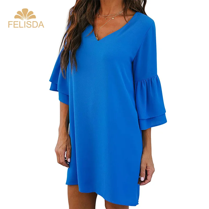 

Felisda Women's Dress Sweet And Cute V-neck Flared Sleeve Mini Dress Casual Dresses