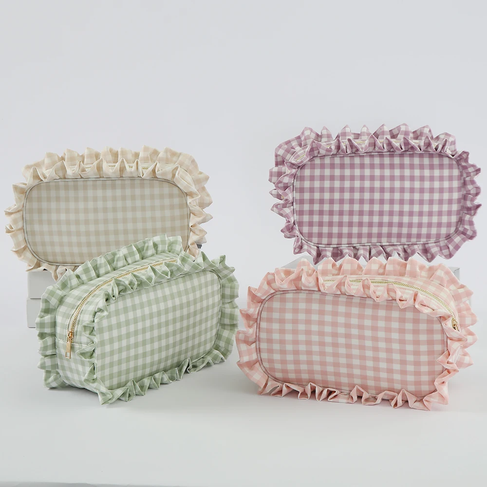 

Pretty Design Unique Style Innovation Zhejiang Trendy Luxury Zipper Makeup Pouch Gingham Ruffled Girl Checker Cosmetic Bag