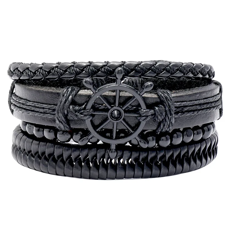 

4Pcs/ Set Braided Wrap Leather Bracelets for Men Women Vintage Wooden Beads Ethnic Tribal Wristbands Bracelet Rudder