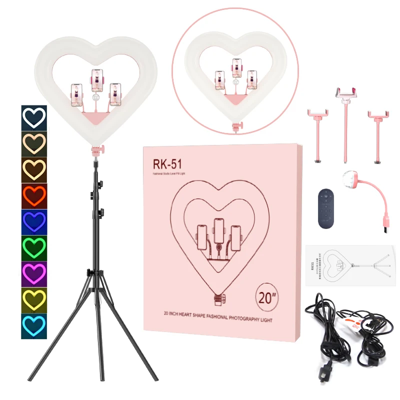 

RK51 Dimmable 18 inch makeup heart shaped ring light led circle selfie ring light with cell phone holder tripod stand, Black pink