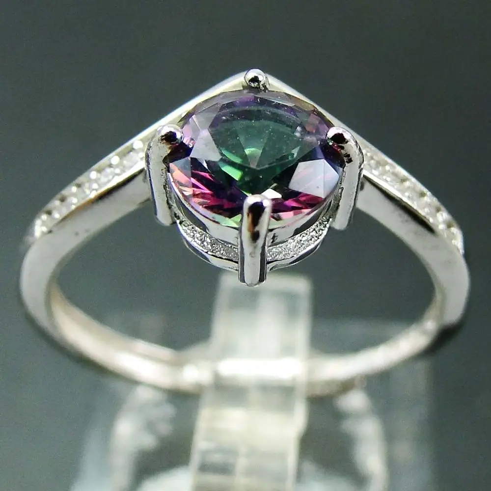 

Classic Rainbow Fire Mystic Topaz Solitaire Wedding Ring With Cubic Zirconia Sterling Silver Bridal Jewelry