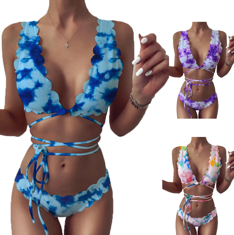 

2020 New Arrival Women Colorful Cris Cross Tie Dye Braided Bathing Suits wholesale bikini beachwear, As picture