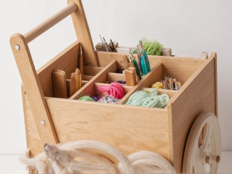 Wooden craft cart with compartments holding paintbrushes and yarn