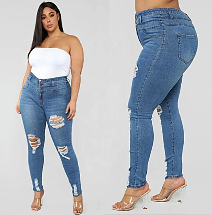 

High Waist Ripped Large Plus Size Jeans Women  Elastic Force Women Jeans Skinny Stretch Ripped Blue Jeans Pants, As pictures show