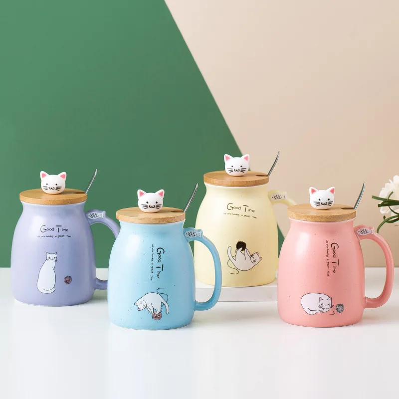 

Cute Cat Style Ceramic Mugs with Lid Spoon Cartoon Creative Morning Milk Coffee Tea Unique Porcelain sublimation warmer travel
