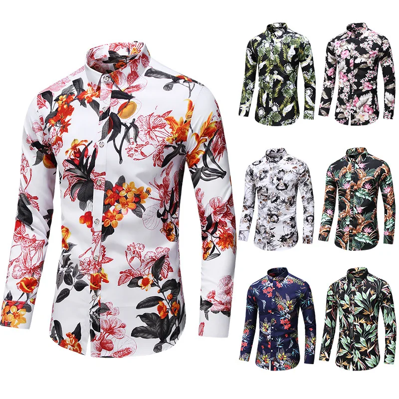 

European code youth design lapel men's long sleeve slim leisure cardigan floral shirt printed shirt, Custom color