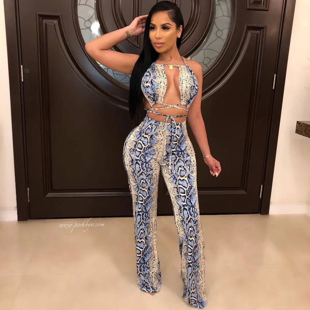 

Women Summer Boob Tube Pants 2 Piece Set Python Flared Pants Two Piece Set
