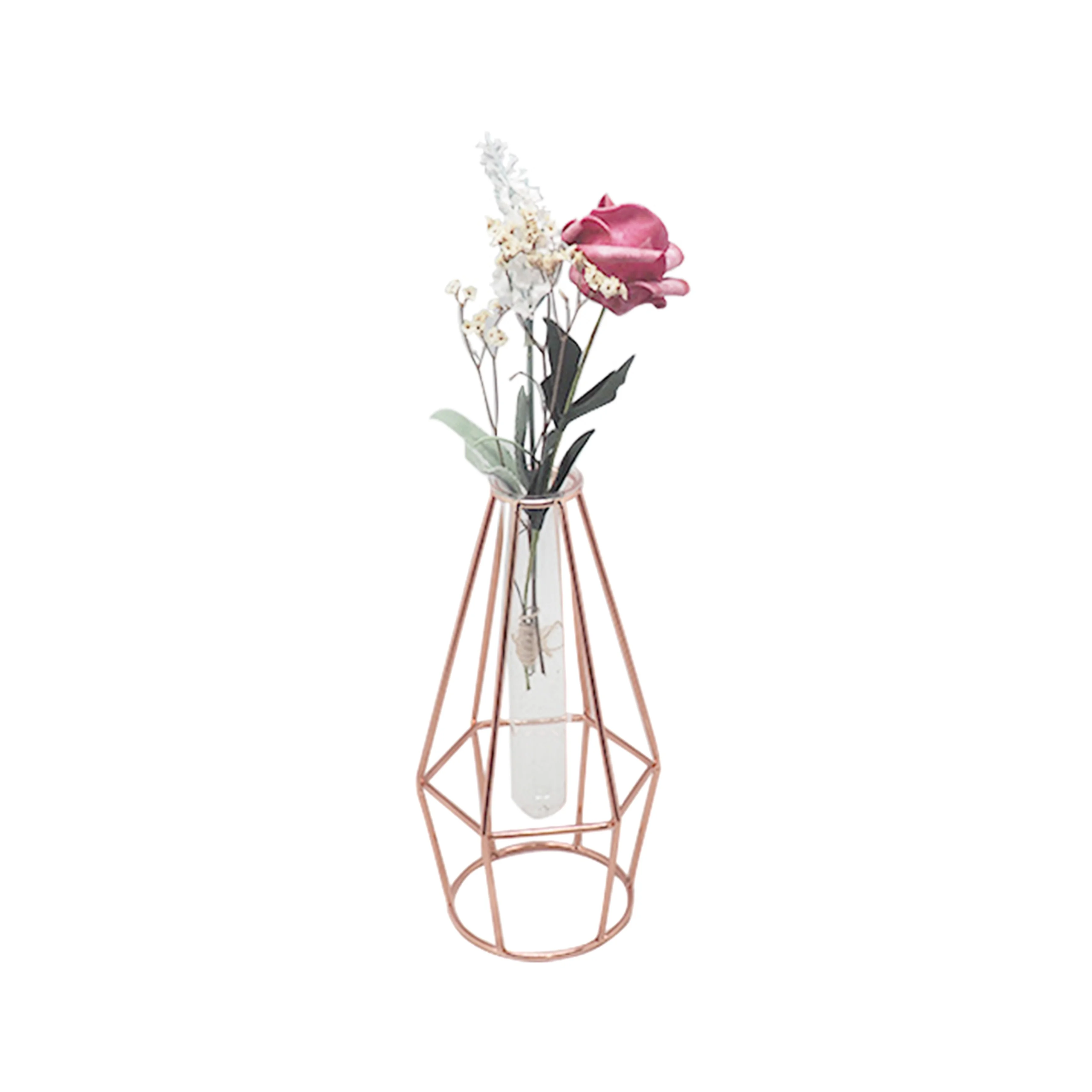 Wholesale geometric rose gold metal frame clear glass test tube flower vase