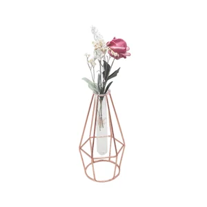 Image of Wholesale geometric rose gold metal frame clear glass test tube flower vase