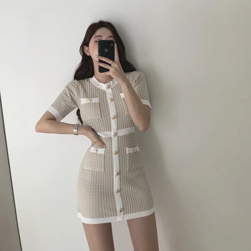 

Coco Knitted Bodycon Mini Vestido Curto OL Office Elegant 2021 button up Dress Moda Feminina Ropa Mujer