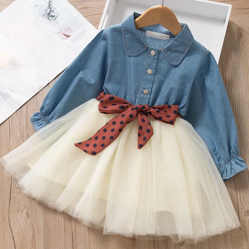 

New fashion Spring Autumn Children girls tulle denim patchwork Dress fancy dresses for baby girl, Picture shows
