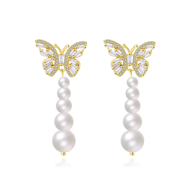 

Trendy Pearl Drop Jewelry 925 Sterling Silver 18K Gold Plated Zirconia Pave Butterfly Shell Bead Cluster Stud Earring