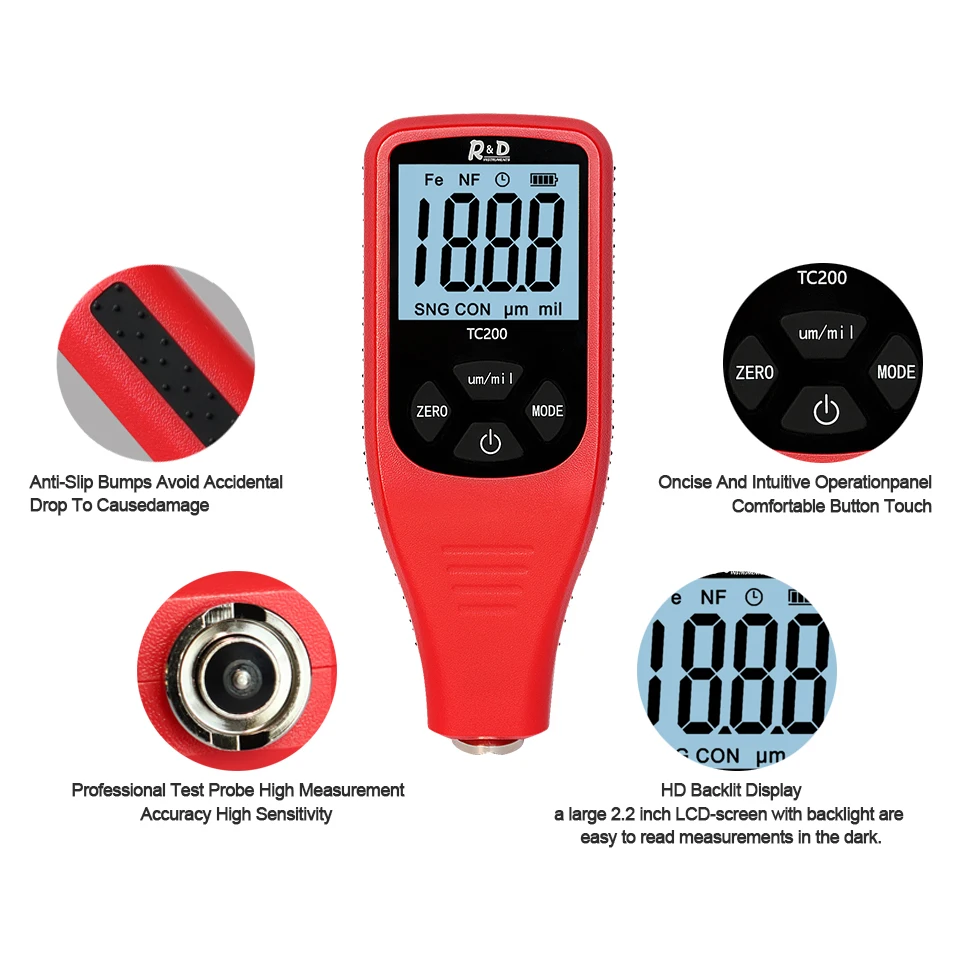 
TC200 red Coating Thickness Gauge 0.1 micron/0-1500 Car Paint Film Thickness Tester Measuring FE/NFE Russian Manual Paint Tool 