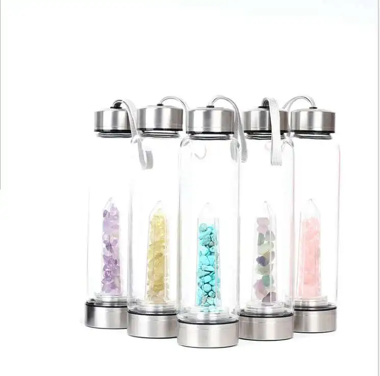 

Wholesale natural gemstone drink healing crystal stones infused elixir glass crystal water bottle, Colourful