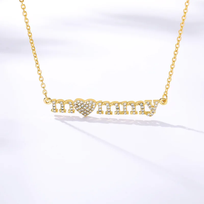 

New arrival hot selling gold plated stainless steel rhinestone stone paved Mothers Day mommy Necklace