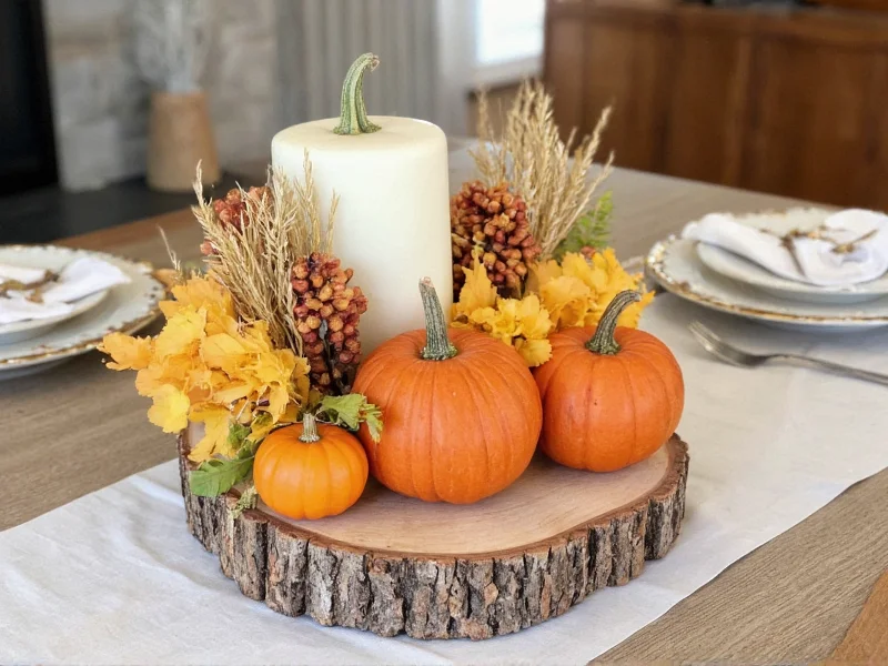 Wood slice centerpiece with pumpkins and dried wheat