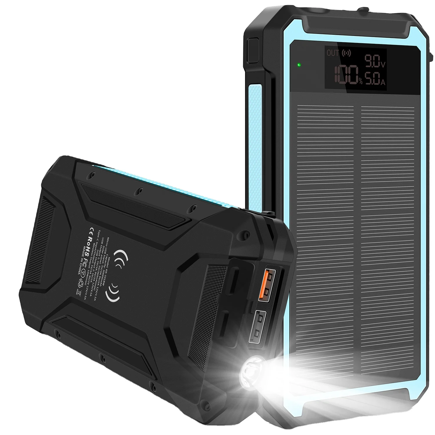 

LED Light Mobile Portable Solar Panels Energy Powered Wireless Charging 30000mah Batteries Charger Waterproof Solar Power Bank