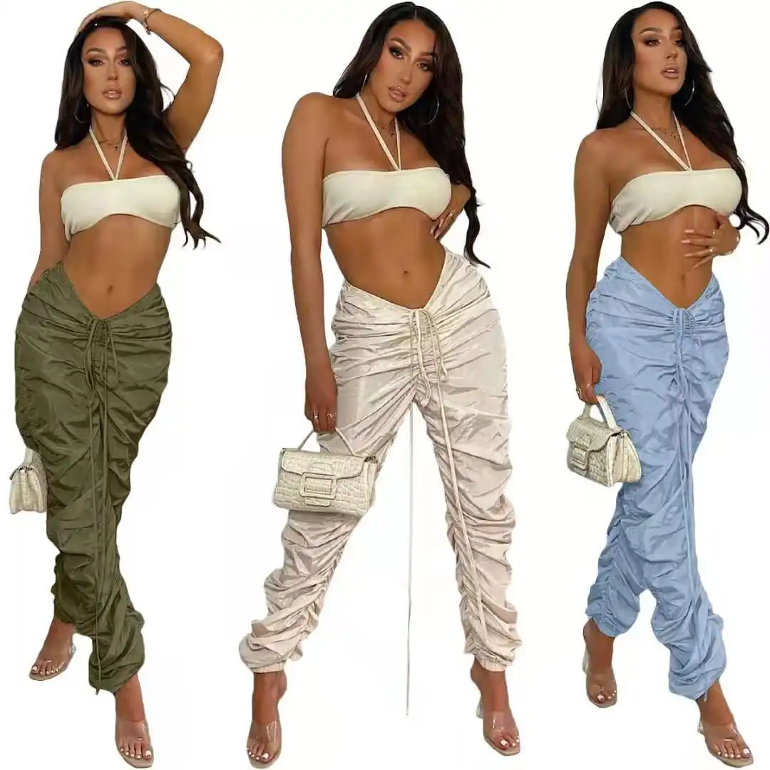

Trendy Women Clothing 2021 Sexy High Waists Drawstring Tie Pleated Stacked Leggings Fall Pants For Women