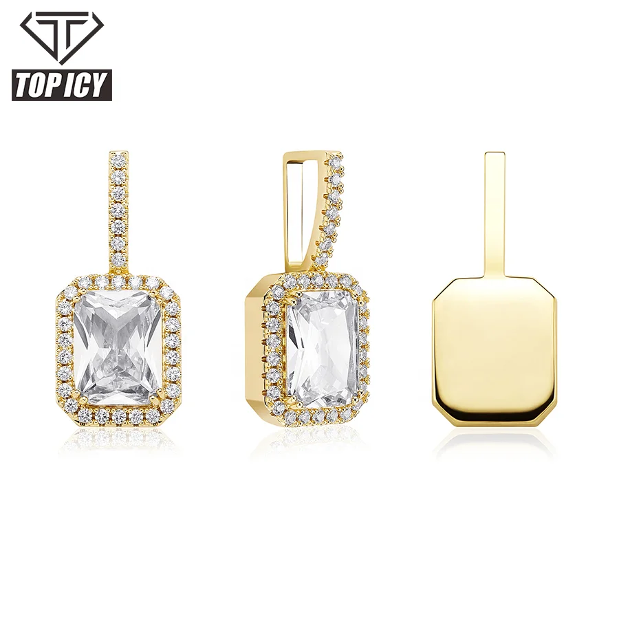 

White Gold Square Gem Mocha Fluorescence Pendant Rectangle Iced Out 2 Rows of 5A Cz Hip Hop Pendants for Necklace, White gold / gold