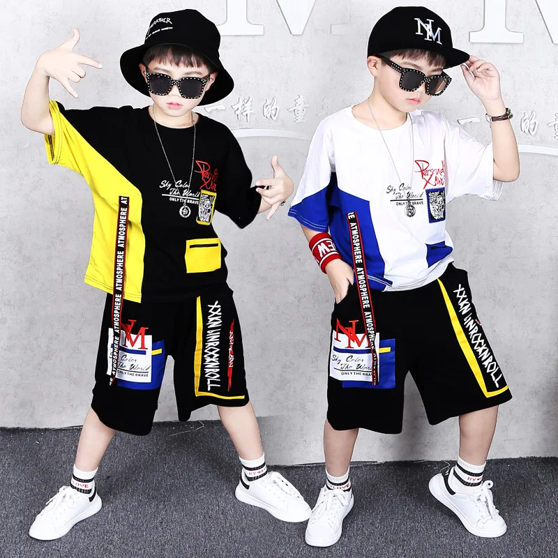 

hot sale summer Children's hip-hop street dance clothes hiphop handsome short-sleeved shorts clothes boys performance two pieces