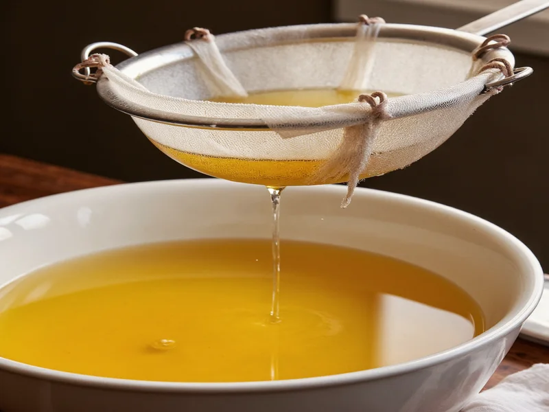 Straining golden chicken broth through cheesecloth into large bowl