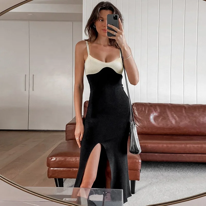 

Women Dress 2021 Spaghetti Strap Sleeveless Skinny Sexy Women Dresses Elegant Backless Ribbed Party Evening Ladies Maxi Dresses, Black