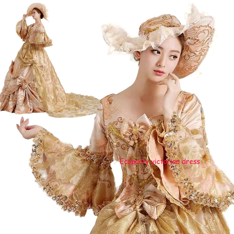 

Renaissance Medieval Long Tailing Victorian Dress 18th Century Champagne Dress Marie Antoinette Dresses Ball Gowns Vestido