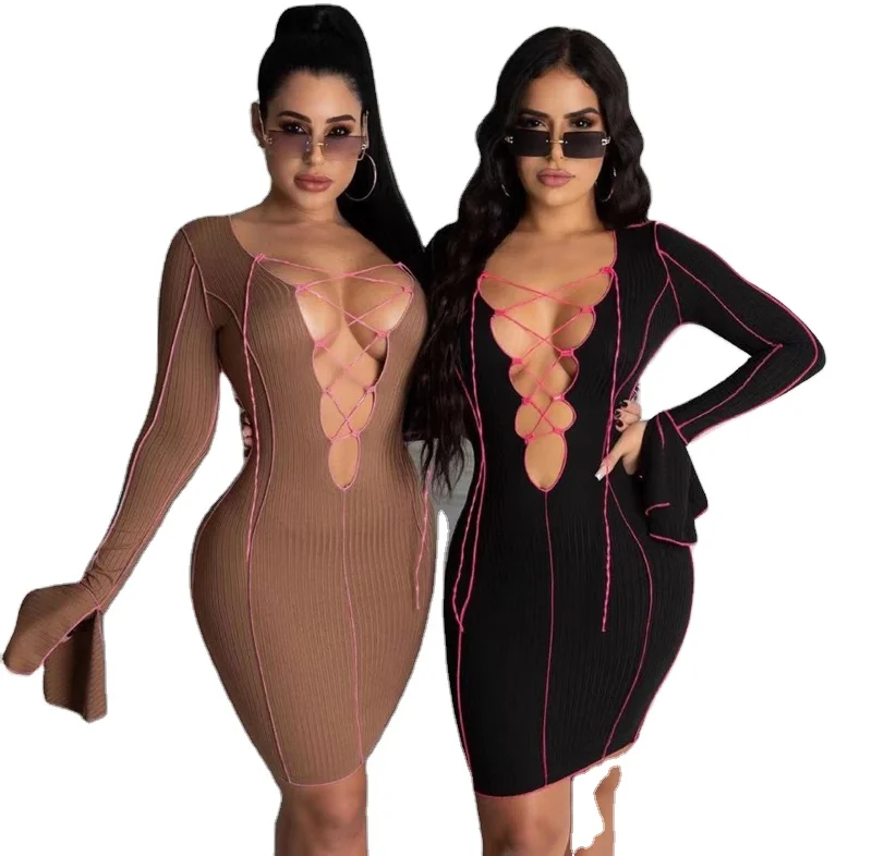 

High Quality Sexy Dress Flared Sleeves Belted Neckline Dress