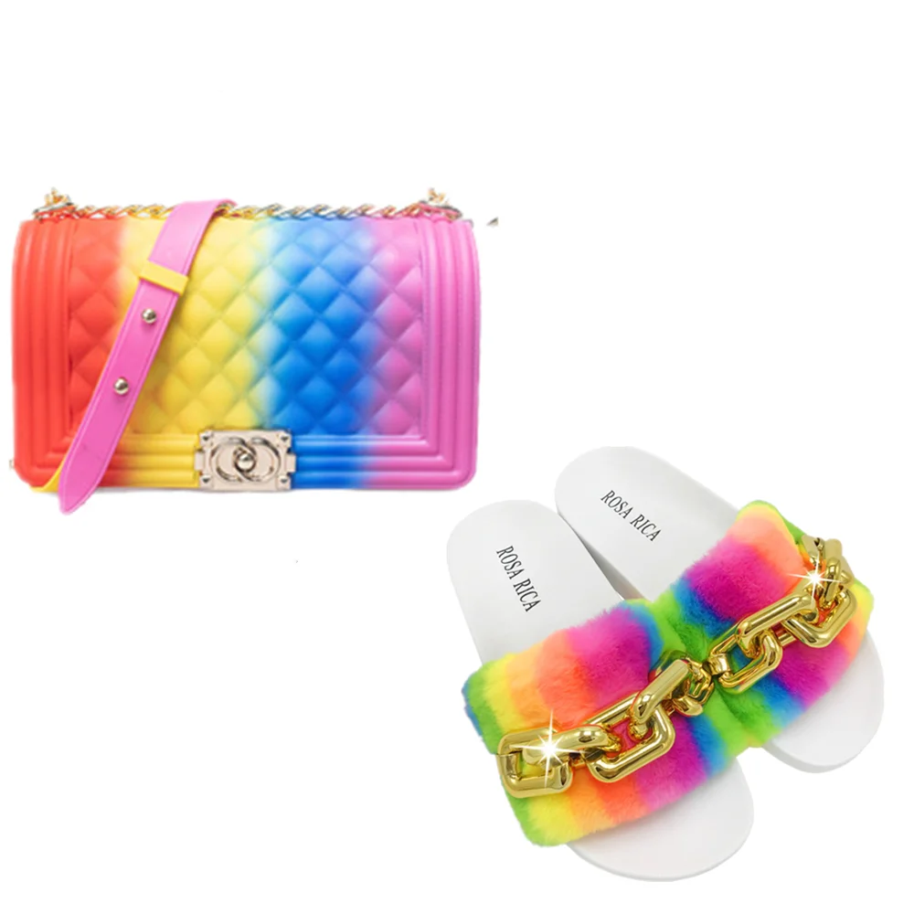 

New arrivals jelly purse Women Handbags and furry slippers Matching slippers and jelly bag