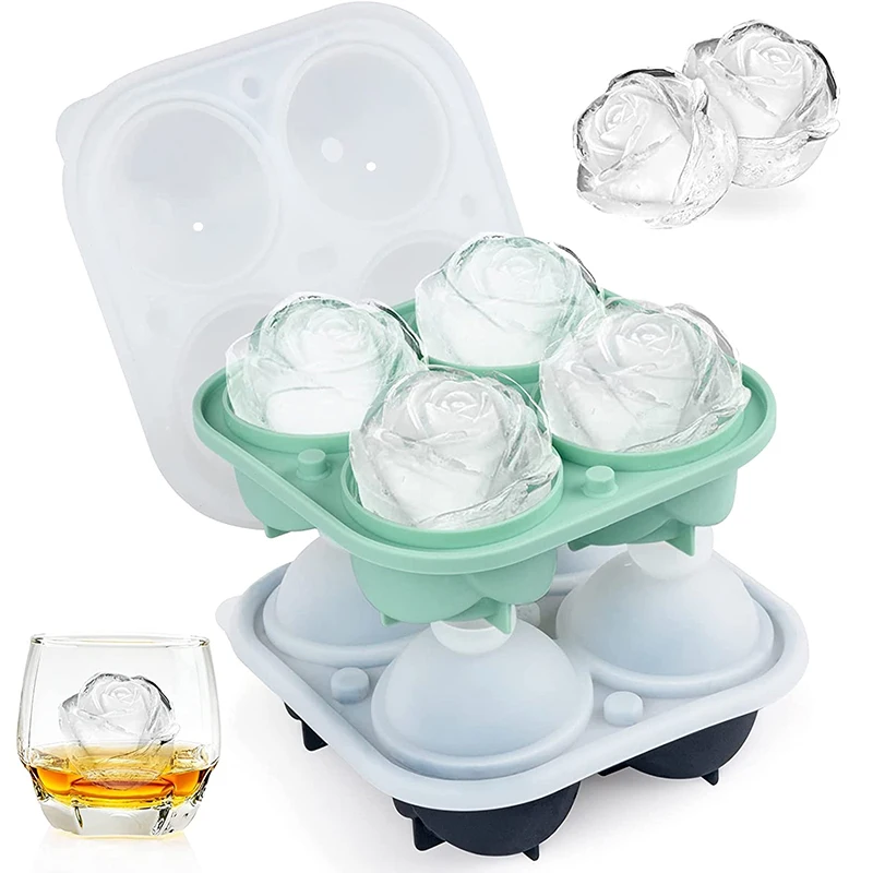 

Wholesale Flexible Large Size 3D Rose Ice Molds Whiskey Round Ice Cube Tray 4 Cavity BPA Free Silicone Ice Cube Mold with Lids