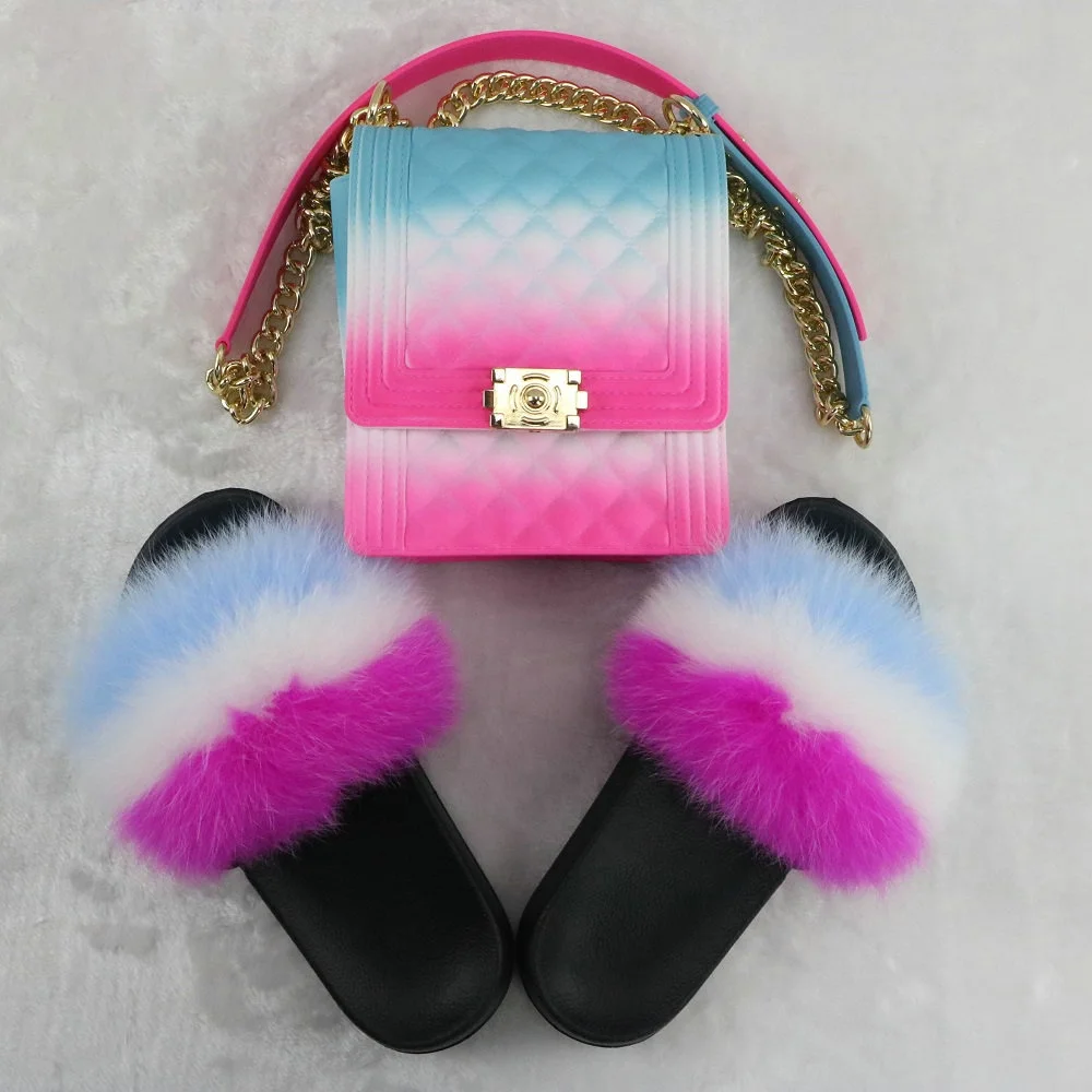 

Popular new women racoon fur slides with purse set real fox fur slides slipper sandals and matching purse, 20 color options