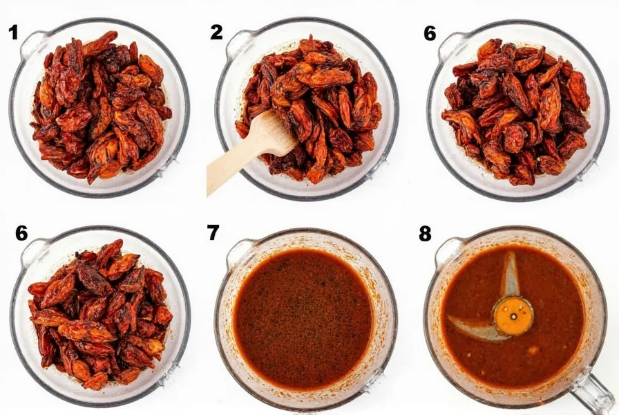 Step-by-step preparation of dried New Mexico chiles for chili colorado recipe showing toasting, soaking, and blending process
