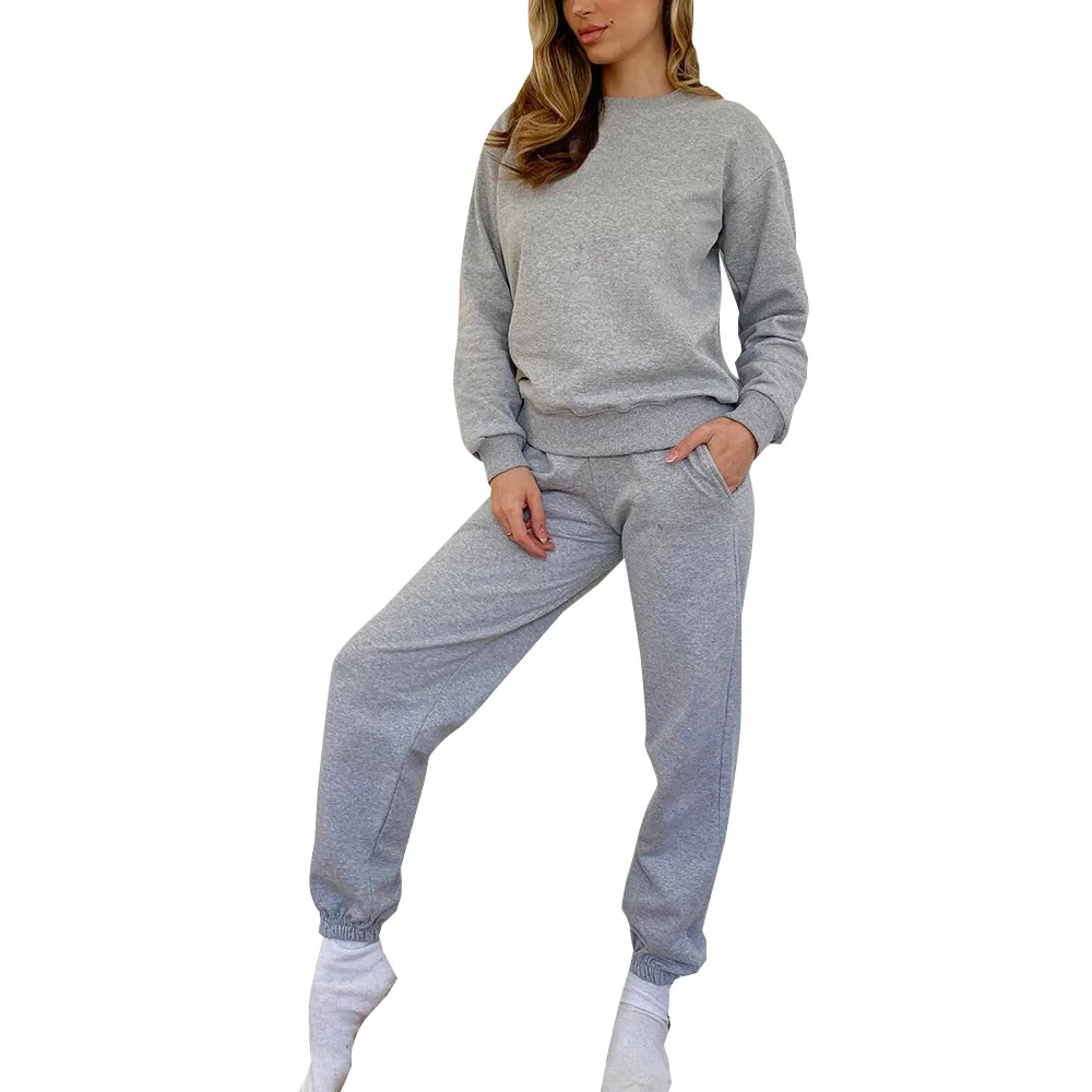 

2021 fashion cotton gray white crew neck sweatshirt jogger set women crewneck sweat suit 2 piece pant set, White,gray,black