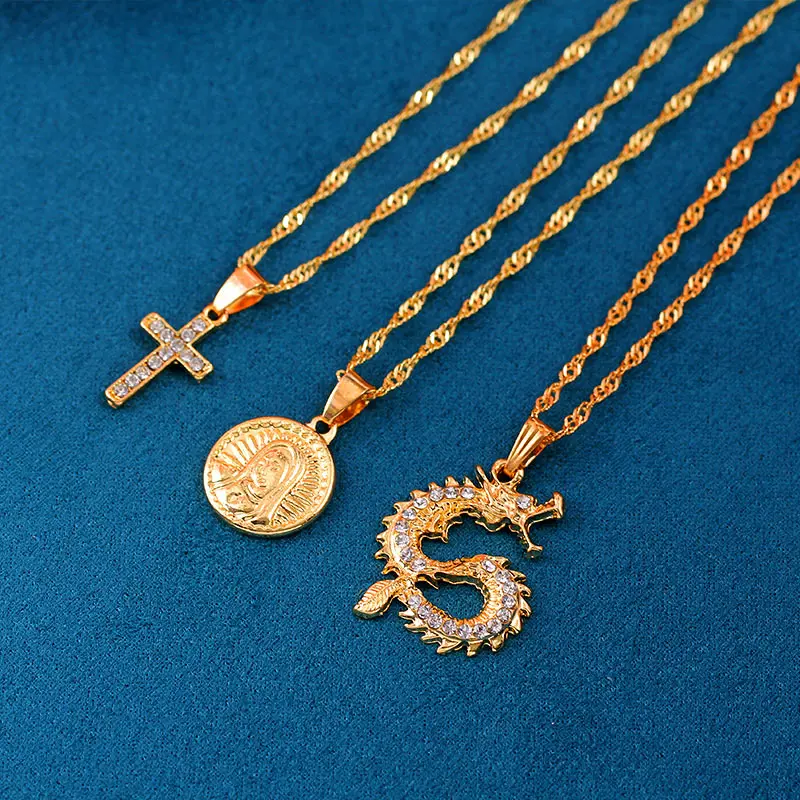 

Personality Punk Vintage Jewelry Gold Color Chain Crystal Coin Multilayer Dragon Cross Pendant Necklace