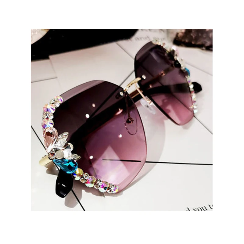

Ladies Shades Glitter Rimless Big Frame Oversized Square Bling Diamond Trendy Sun Glasses Sunglasses 2021 Women