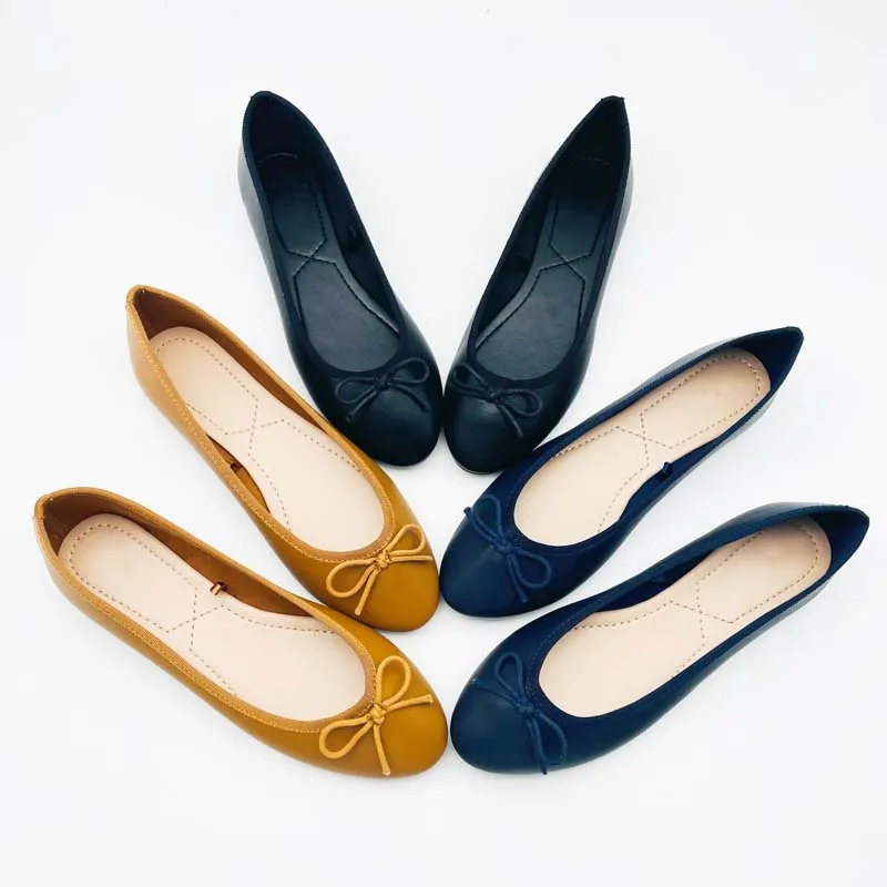 

High Quality Womens Popular Shoes Flats Ladies Round Ballerina Flat Shoes, Black navy cognac