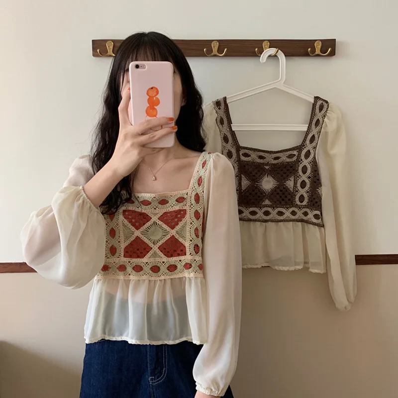

Woman Tops Fashionable Korean Square Collar Lady Chiffon Shirt Top Fashion Design Hollow-out Hook Flower Woman Blouse, Red/gray/brown