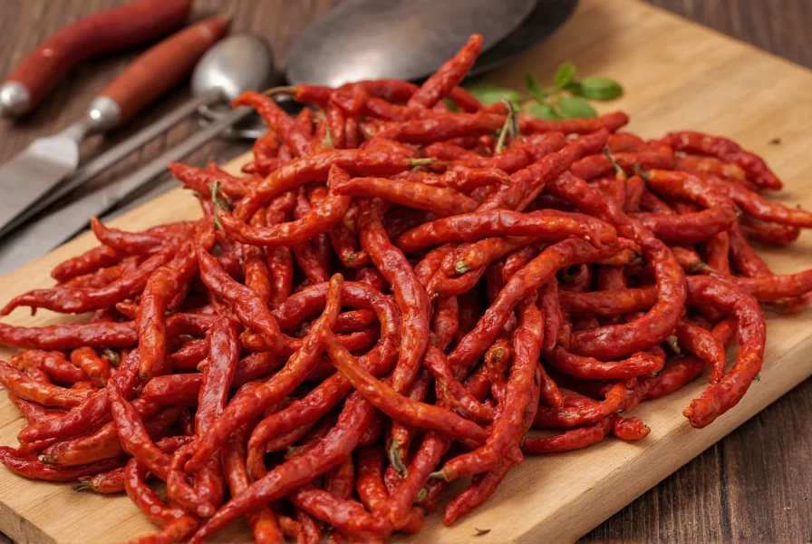 Close-up photograph of dried corbaci peppers arranged on wooden surface with traditional Turkish cooking utensils