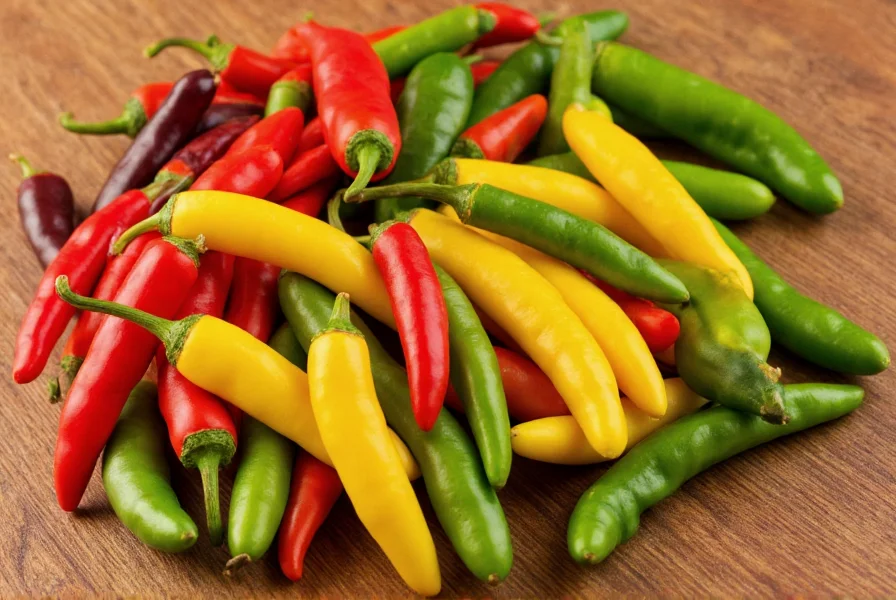 Colorful array of mild chili peppers including bell peppers, poblanos, and Anaheim peppers arranged on wooden table