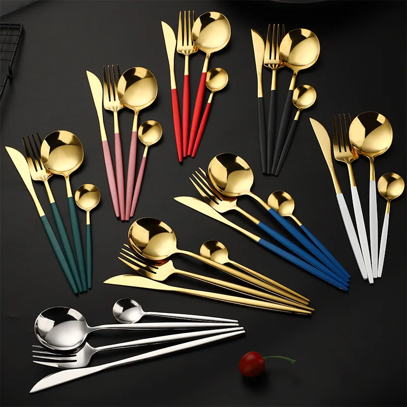 

luxury Wedding 304 Stainless Steel Spoons Fork and Knife Set Hotel Restaurant Gold Cutlery In Flatware Set, Customized color