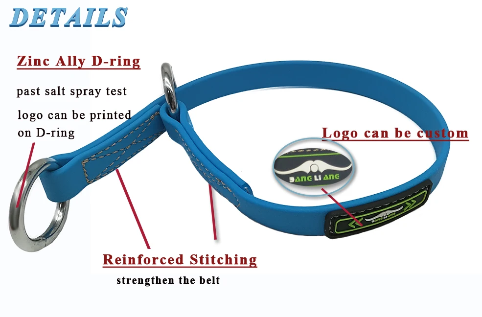 Adjustable Martingale Flat Blue Waterproof PVC Nylon Dog Slip Collar