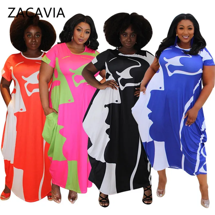 

ZACAVIA New Large Print Round Neck Long Dress for Summer Women Dress, As pic