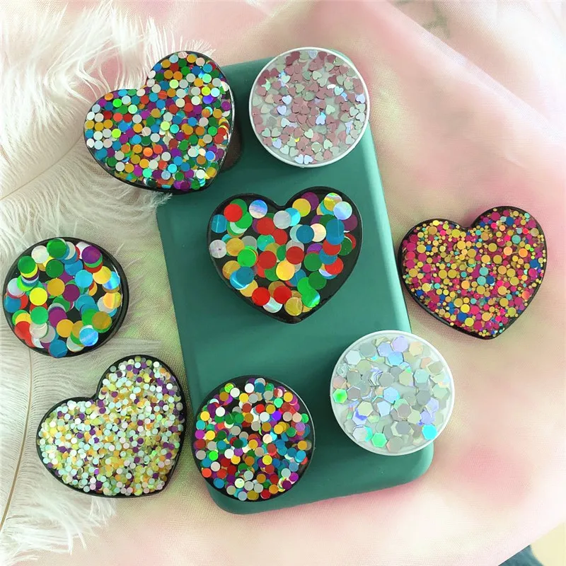 

New Heart Shape Round Glitter Black Phone Holder Lazy Retractable Folding Mobile Phone Bracket