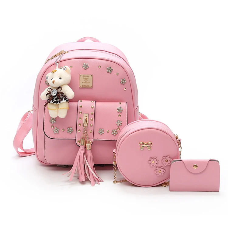 

2020 Wholesale fashion High quality pretty custom pu leather new modern luxury cute Pieces women backpack bag set, As pictures