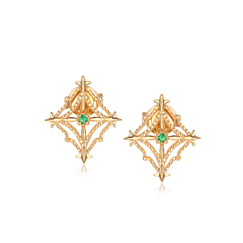 

Real gold plated emerald stud S925 Sterling silver rhombus star shaped earrings