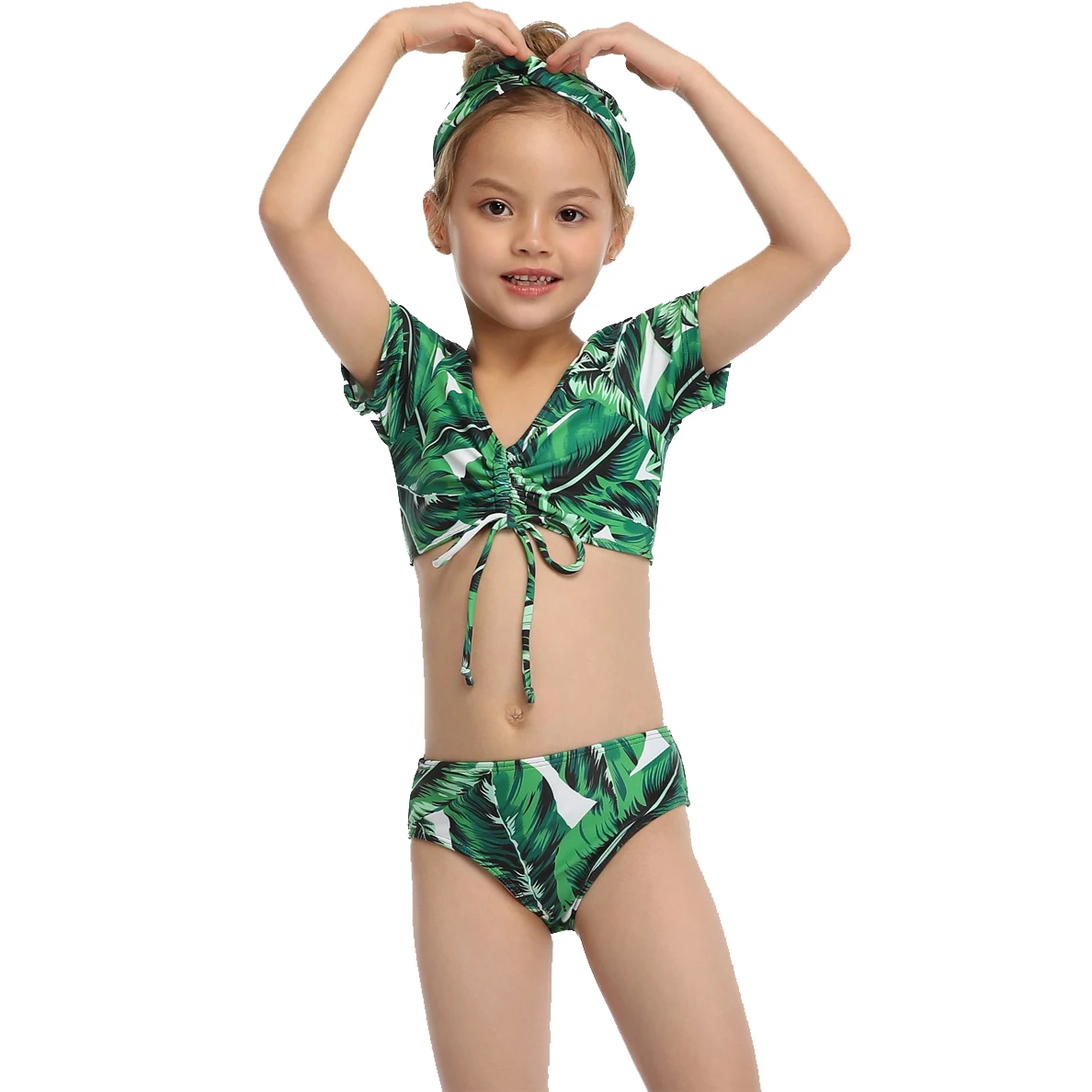 

2021 New Style Girls Children Green Leaves Drawstring Bowknot Bikini Kids Summer Swimsuit