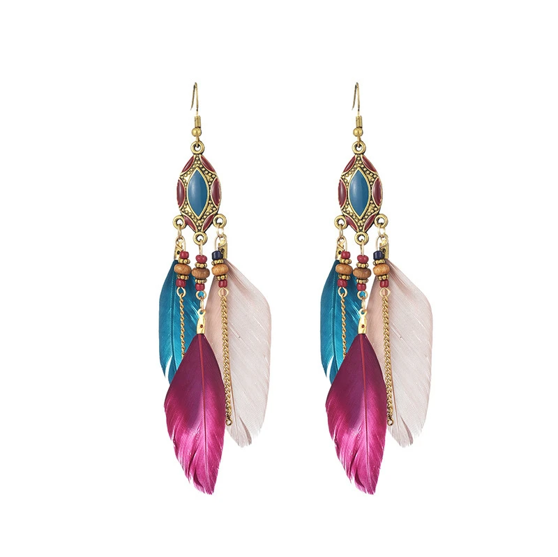 

Creative retro tassel feather oil dripping long bohemian Indian earrings personality fashion ethnic style women's earrings