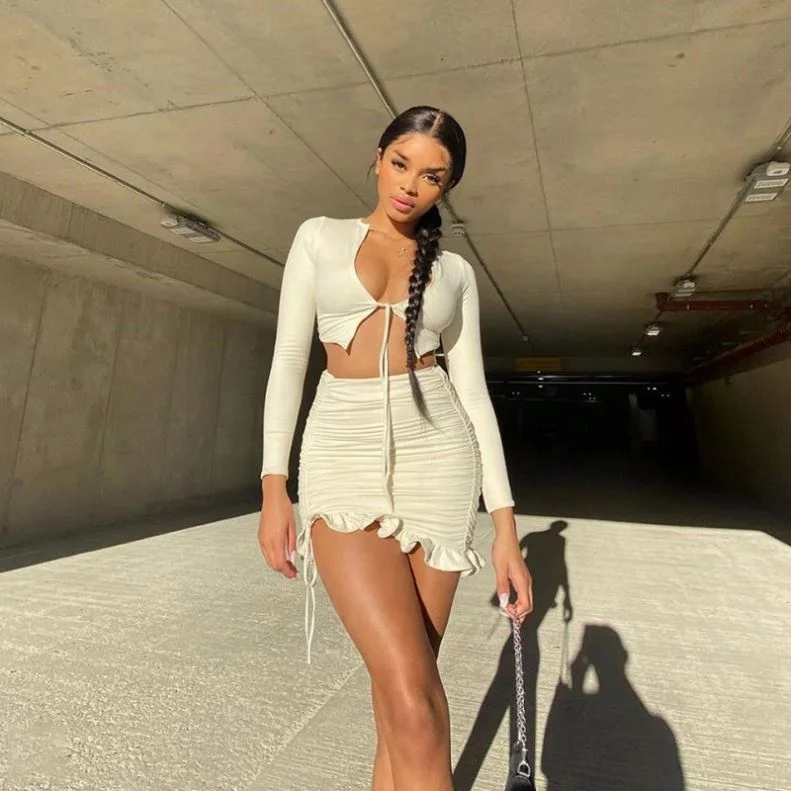 

Ruffles Ruched Drawstring Women 2 Piece Outfits Matching Sets Long Sleeve Sexy Party Skinny V Neck Top And Skirt C13673