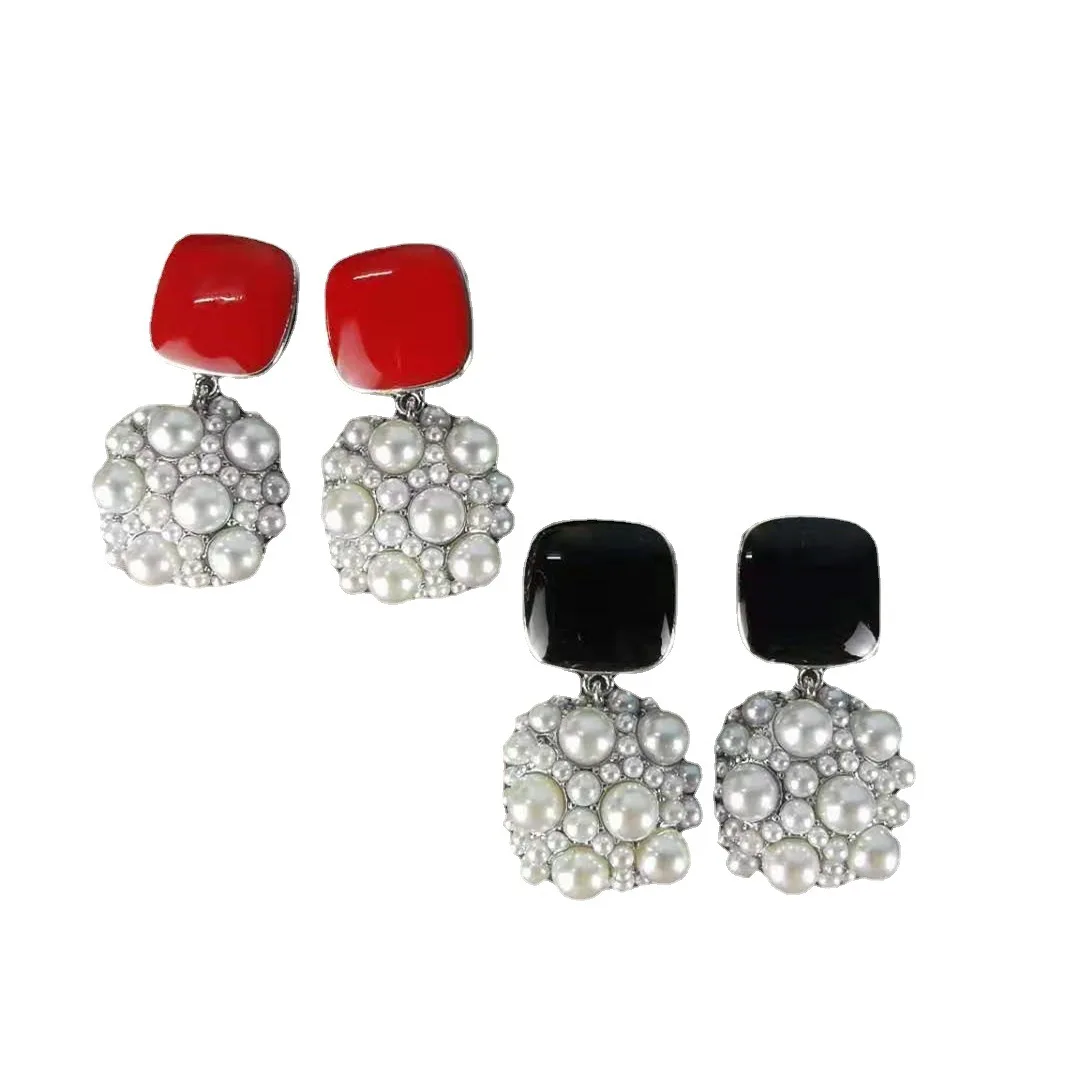 

2021 New Inlaid Rhinestone Crystal Pearl Earrings Geometric Square Shiny Freshwater Pearl Drop Earrings, Red/black