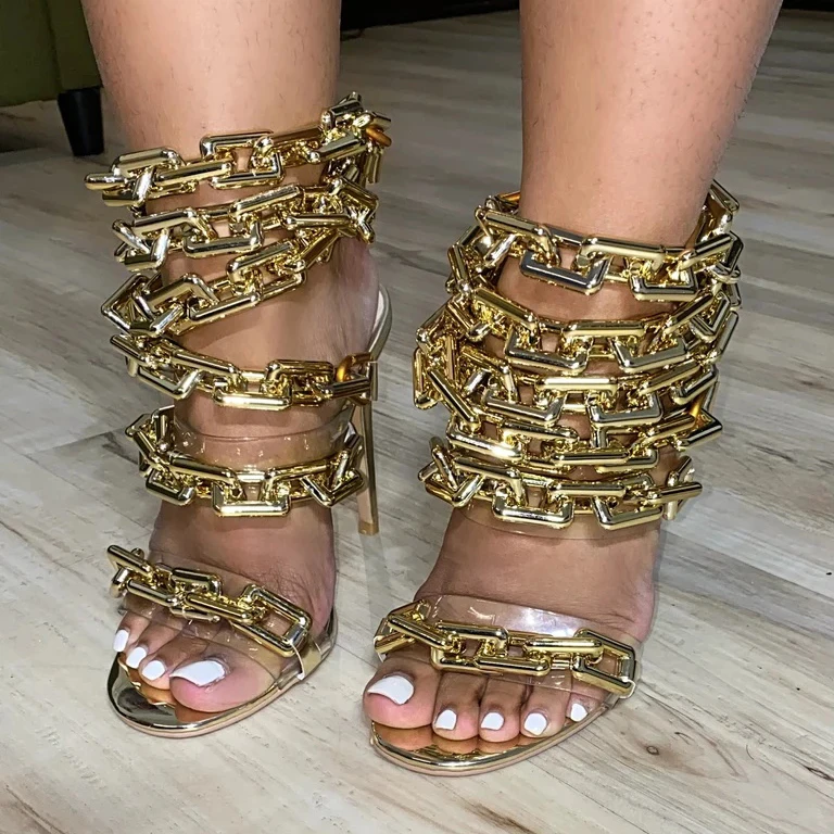 

Chain Sandals Summer Hot Sale Ladies High Heel Sandals 2021 New Design Ladies Sexy Luxury Metal Chain Women's Shoes, Gold,sliver